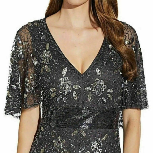 NWT Adrianna Papell Floral Beaded Mermaid‎ Capelet Gown in Gunmetal [SZ 2 ] - Picture 3 of 13